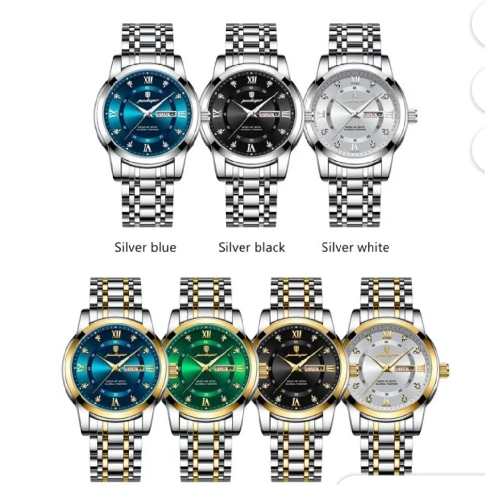 POEDAGAR Men's Watch Date Week Waterproof Luminous Quartz Stainless Steel Green